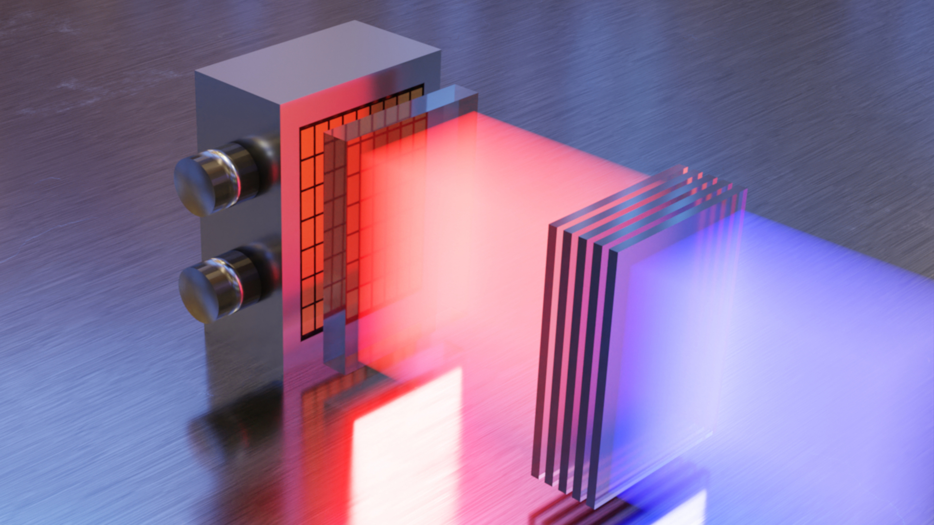 Visualisierung eines Diodenlaser-Moduls mit Strahlformung zum Pumpen von Plattenstapelverstärkern in Hochenergielasern. Solche Diodenlaser-Pumpmodule gelten als Schlüsselkomponente für Fusionskraftwerke der Zukunft.