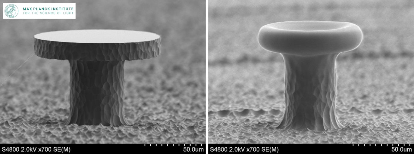 Disk-förmigen Mikroresonators aus Quarzglas: Laserinduziertes Ätzen (SLE, links) und nach anschließendem Laserpolieren (rechts)