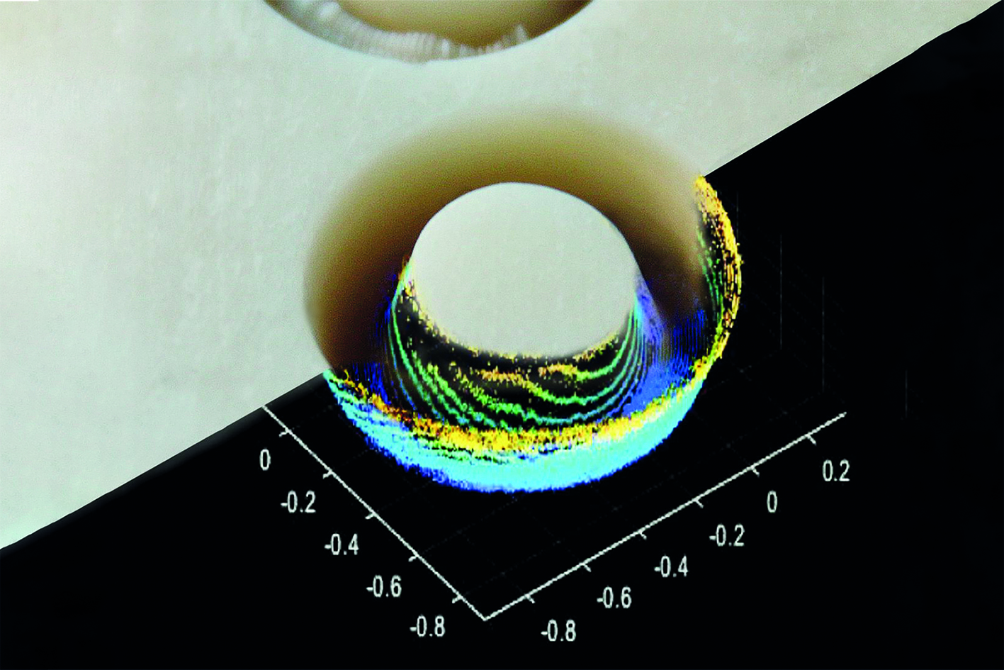 Circular laser cut on a bovine bone with superimposed point cloud from the measurement data of an OCT scan. 